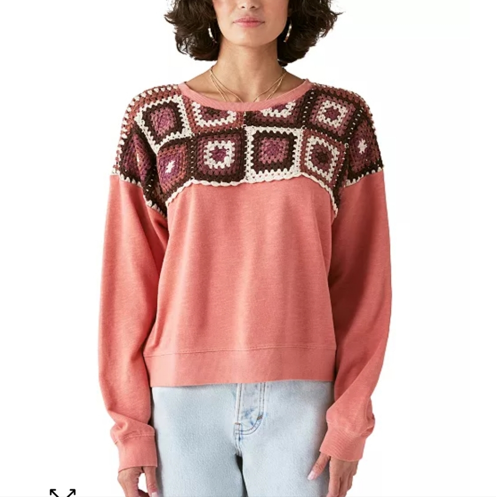 Lucky Brand Cotton Boho Crochet Patch Yoke Pullover Sweater